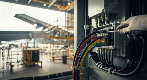Focused shot of heavyduty cables being connected to motor drive box during automated door installation in aviation hangar.