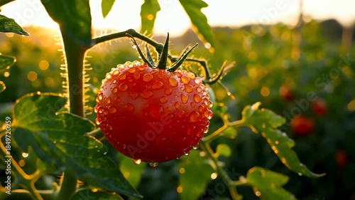 Close-up of a ripe red tomato covered in water droplets glistening in the warm golden sunset light