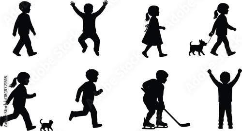 Children silhouette set showing walking running jumping playing with dog sports activities isolated on white background illustration vector design