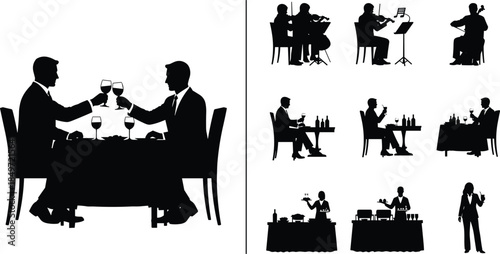 Dining and music silhouettes, romantic dinner, live performance, waiter service, wine toast, classical instruments, black vector icons, celebration scene