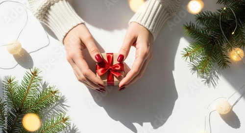 A pair of hands holding a small gift box with a red bow. The background features pine branches and soft glowing lights, creating a festive atmosphere.