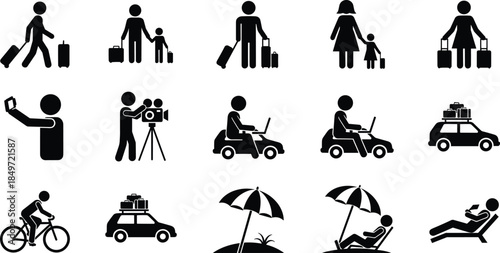 Travel and vacation silhouettes, suitcase icons, family trip, selfie, beach relax, car luggage, cycling, leisure activity, black vector
