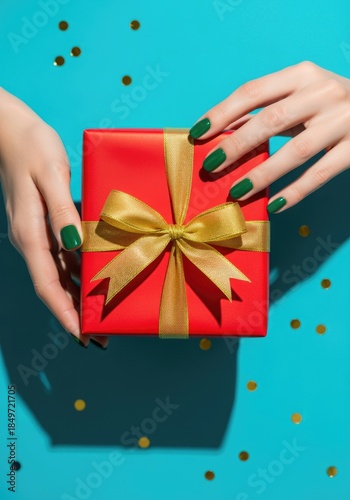 Red gift box with a gold ribbon held by a woman with green nails. The background is bright blue with scattered golden confetti.
