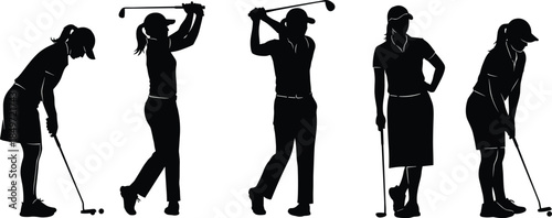 Golf silhouettes, male and female players, swing, putt, posture, technique, sports action, athletic motion, outdoor game, club stance, caps