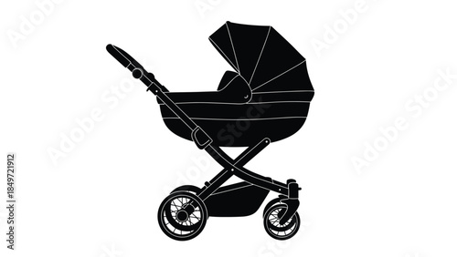 Illustration of a baby stroller with a canopy, wheels, and handle on a white background