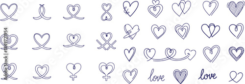Collection of hand drawn hearts and love words on for valentines day