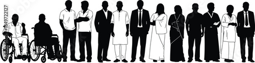 Diverse group silhouettes, inclusion, wheelchair users, cultural attire, business and casual clothing, black icons, vector set, unity, equality