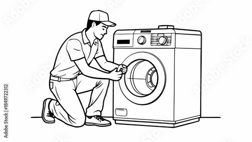 A technician repairing a washing machine while kneeling on the floor in a simple outline style