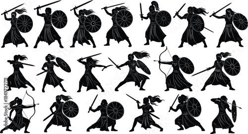 Black silhouette of diverse shoppers carrying baskets and shopping bags, people picking up items and standing in a retail store environment.