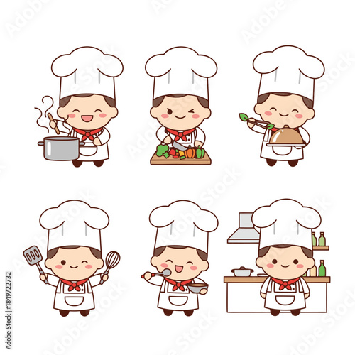 Cute Cartoon Chefs Cooking and Preparing Food.