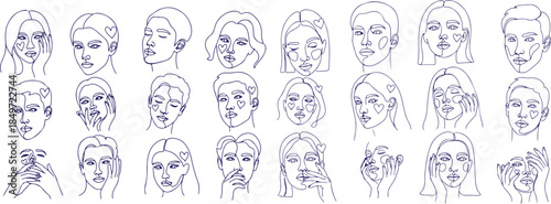Collection of various drawn faces in blue lines