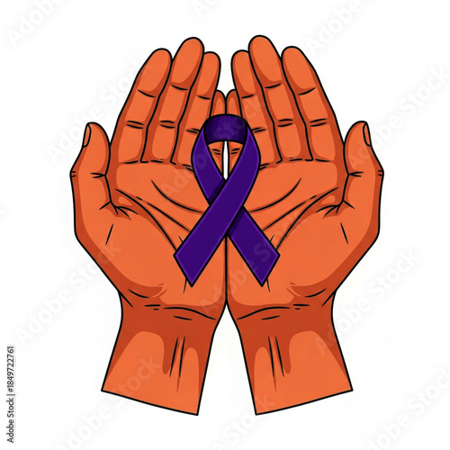 Purple Ribbon Held Gently in Open Hands, Symbolizing Awareness and Support for Cancer Patients and Survivors