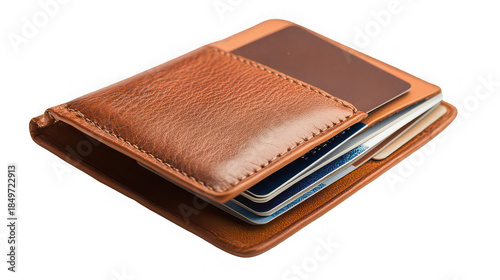 Brown Leather Wallet with Credit Cards Isolated on White Background