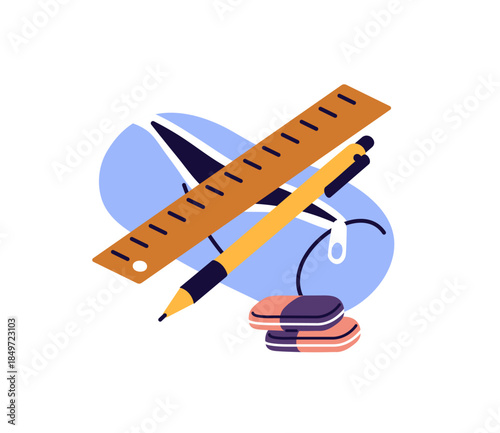 Open pencil case with zip for school supplies. Bag for stationery kit with pen, eraser, ruler. Writing and drawing tools for learning, study. Flat isolated vector illustration on white background