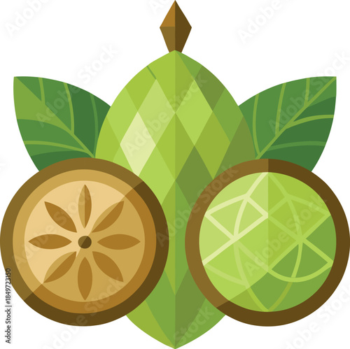 Vibrant graphic illustration showcasing the appearance of soursop fruit including its whole form a cross section revealing its seeds and a detailed texture pattern highlighting tropical natural food d