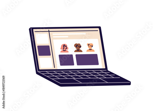 laptop with people on screen, flat design clip art preview