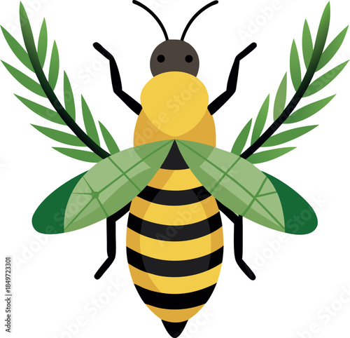 Detailed vector illustration showcasing a stylized honeybee design incorporating vibrant green foliage elements integrated seamlessly with its wings suggesting nature conservation and ecological repo