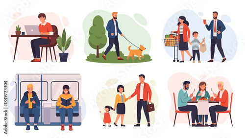 Set of business people and diverse person silhouettes in different situations including a builder worker group and family icons as a cartoon vector illustration