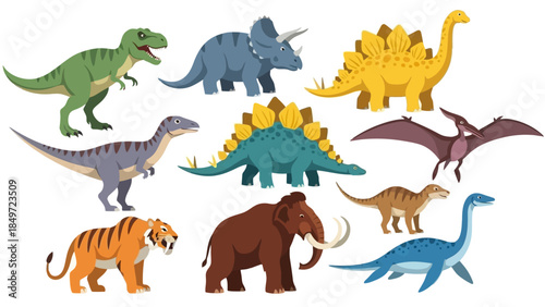A prehistoric collection of wild dinosaur vector silhouettes and cartoon dino illustrations featuring a set of jurassic nature reptiles in a black wildlife animal icon style