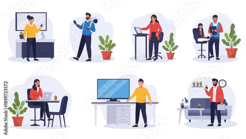 Cartoon illustration of a diverse business people set featuring men and women workers in an office design vector with computer icons for work and professional job person silhouettes