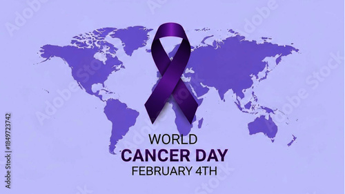 World Cancer Day Awareness - Purple Ribbon on World Map to Unite for a Cancer-Free Future