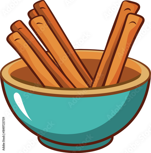 Cartoon illustration of savoury breadsticks served in a bright turquoise bowl perfect for snacking