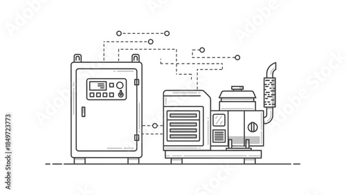 An isolated black and white vector icon illustration of an electronic circuit board with a processor and power button for home computer technology equipment