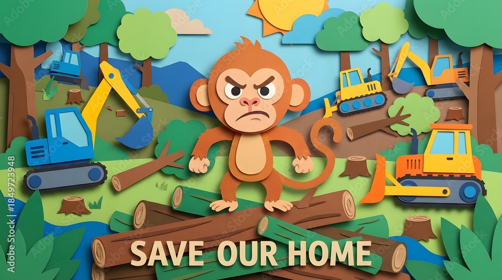 Obraz premium Cute Paper Art Illustration of Angry Monkey and Deforestation Impact