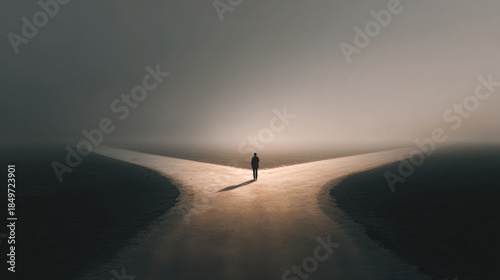 Person stands crossroads foggy landscape, symbolizing significant tradeoff life choices. atmosphere evokes contemplation and decision making