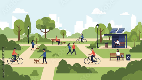 Cartoon family and children playing golf together on a green park field in summer