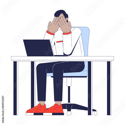 Frustrated office worker covering face at desk 2D cartoon character. Workplace anxiety. Work burnout. Tired indian male employee flat vector person isolated on white. Spot illustration colorful