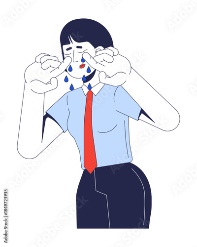 Crying korean office worker intern wiping tears 2D cartoon character. Workplace burnout. Female employee newbie emotional distress flat vector person isolated on white. Spot illustration colorful