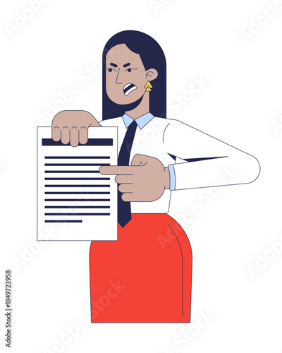 Strict corporate woman demanding explanation with document 2D cartoon character. Middle eastern female employee yelling complaining flat vector person isolated on white. Spot illustration colorful