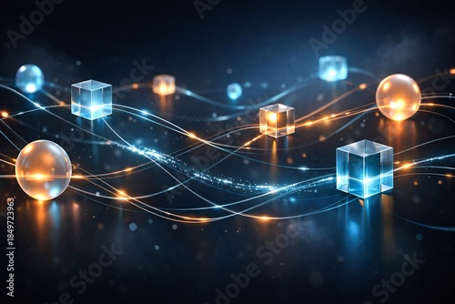 Futuristic 3D Blockchain Connection with Glass and Gold Cubes for Cryptocurrency Trading, Secure Decentralized Ledger, Digital Asset Management, Fintech Innovation, and Web3 Data Networking Design