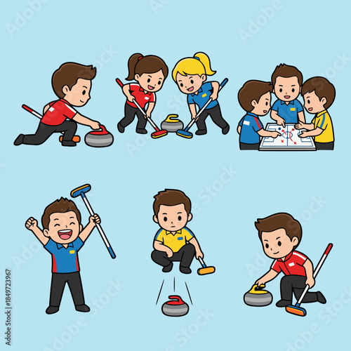 Cute Cartoon Children Playing Curling Sport.