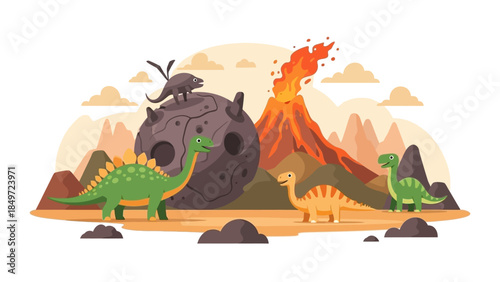 Colorful cartoon landscape illustration with mountains trees and a small house at sunset