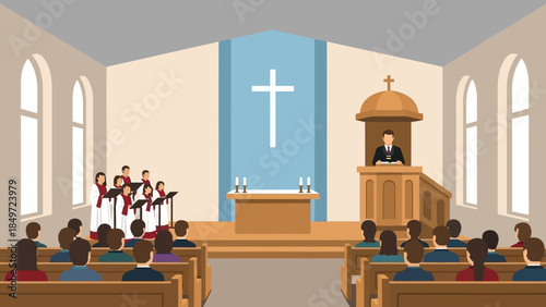 Luxury church inspired interior room with wooden furniture and dining table