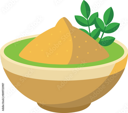 A small bowl filled with green dip and a mound of brown powder seasoning with fresh herbs