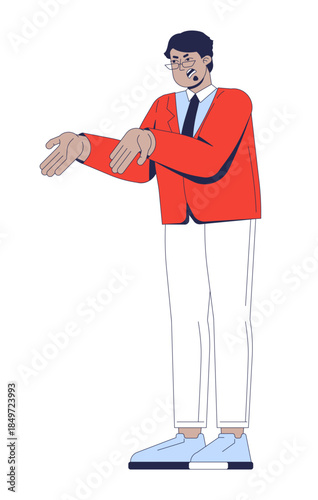 Toxic manager demanding with aggressive gesture 2D cartoon character. Hostile boss. Male authority. Angry supervisor turkish man flat vector person isolated on white. Spot illustration colorful