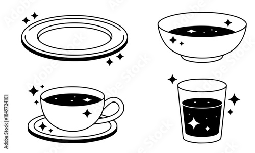 Set of Clean Sparkling Dishes Icons, Shiny Plate Bowl Cup and Glass with Sparkles, Black and White Kitchen Tableware Vector Illustration