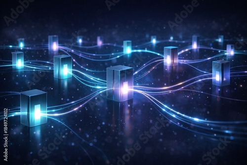 Futuristic 3D Blockchain Connection with Glass and Gold Cubes for Cryptocurrency Trading, Secure Decentralized Ledger, Digital Asset Management, Fintech Innovation, and Web3 Data Networking Design