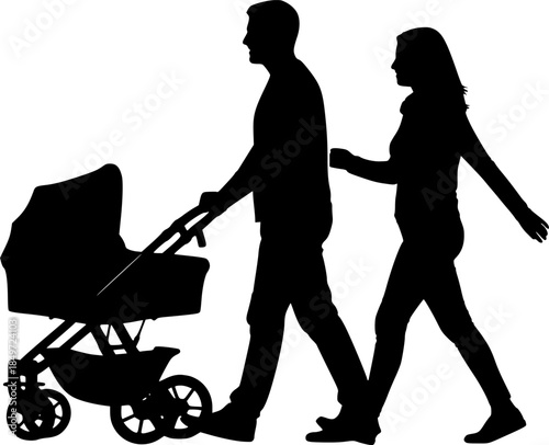 Family Walking with Baby in Pushchair Vector Silhouette Illustration
