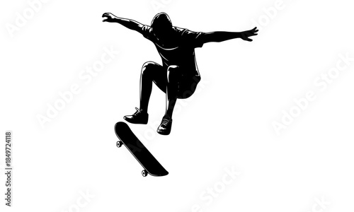 Black Silhouette of Skateboarder Performing Ollie Jump Trick, Dynamic Skater in Mid-Air Action, Extreme Sports Skateboarding Vector Illustration