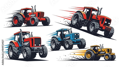 Red racing car and tractor vehicle vector illustration isolated on white background