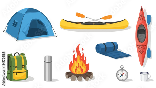 Camping travel icons set with vector illustrations for summer vacation and outdoor adventure