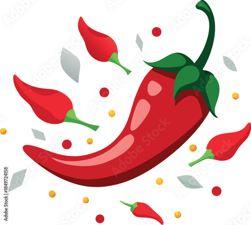 Vibrant red chili pepper illustration surrounded by floating spices and flavour elements for cooking