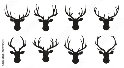 set of black isolated icons deer horns label 