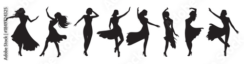 set of black silhouette dancer girl white background