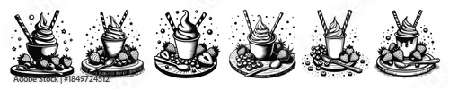 Six black and white illustrations of ice cream sundaes with berries