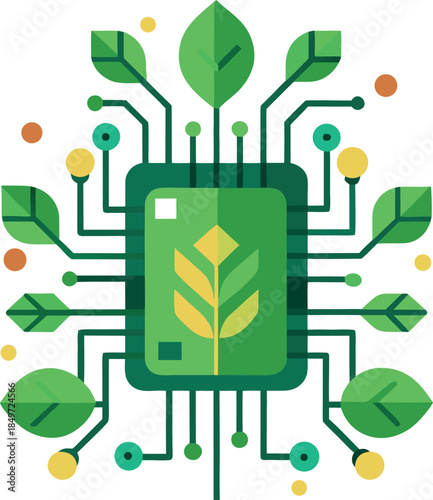 Green technology concept integrating natural growth elements with a central computer microchip illustration